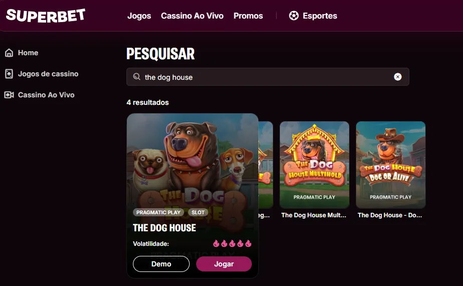 Fundo da tela preta com o jogo The Dog House em destaque para jogar demo 