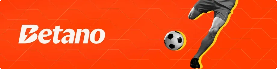 Ao lado direito, um homem jogando bola e ao lado esquerdo, a logo da Betano em um fundo laranja
