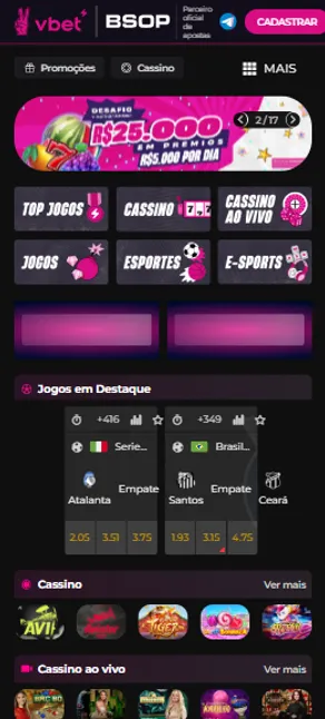 Vbet Entrar: Imagem da página principal do aplicativo, com diversos jogos e apostas esportivas, em tons escuros e rosa, cores da plataforma.
