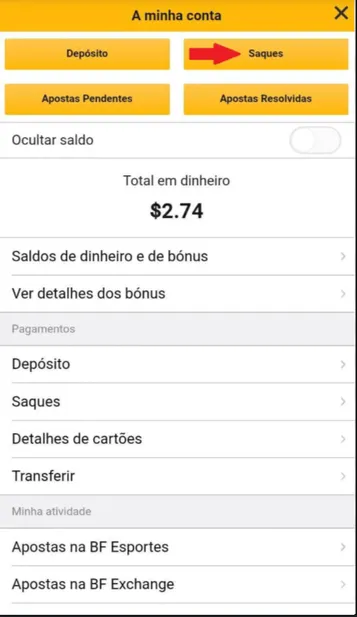 Tela de Saques da Betfair Cassino