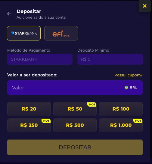 Multibet Games: tela de depósito do cassino online
