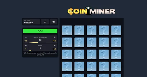 Coin Miner, imagem com diversos pontos de pergunta onde estão escondidos os mines, com tons de azul claro e o restante em tons de azul escuro com letras em branco e amarelo.