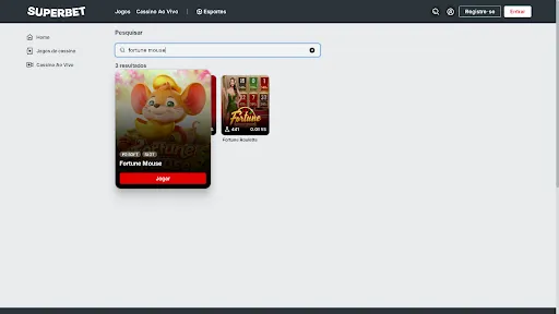 Superbet Fortune Mouse - Melhor cassino com Pix, imagem com a pesquisa do jogo no site, em tons claros e coloridos da plataforma.