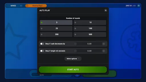 Imagem do Spribe Gaming, com tondos de azul e preto, com valores do autoplay na tela e um star auto em verde