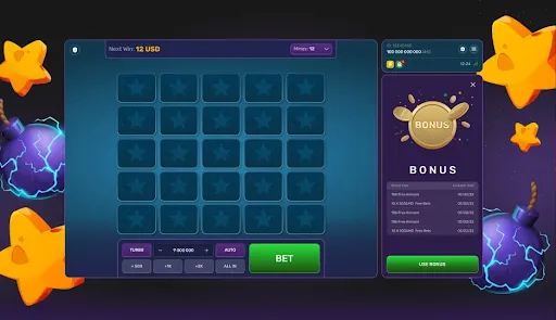 Turbo Mines, tudo nem colorido com mines com raios azuis em volta, sendo que há também estrelas, tudo em tons de azul e roxo, com contraste de verde.