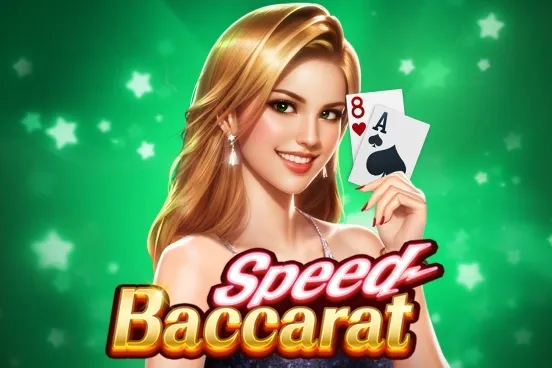 Imagem com fundo verde e uma mulher segurando duas cartas de baralho. No centro, a frase Speed Baccarat em destaque.