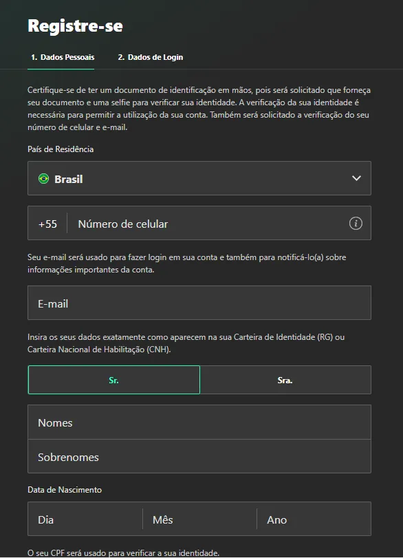 Cadastro Cassino bet365: imagem da aba de registro da bet365, com o fundo em verde escuro e branco.