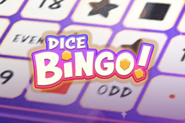 Cartela de bingo ao fundo, em branco e roxo, com Dice Bingo! escrito em destaque