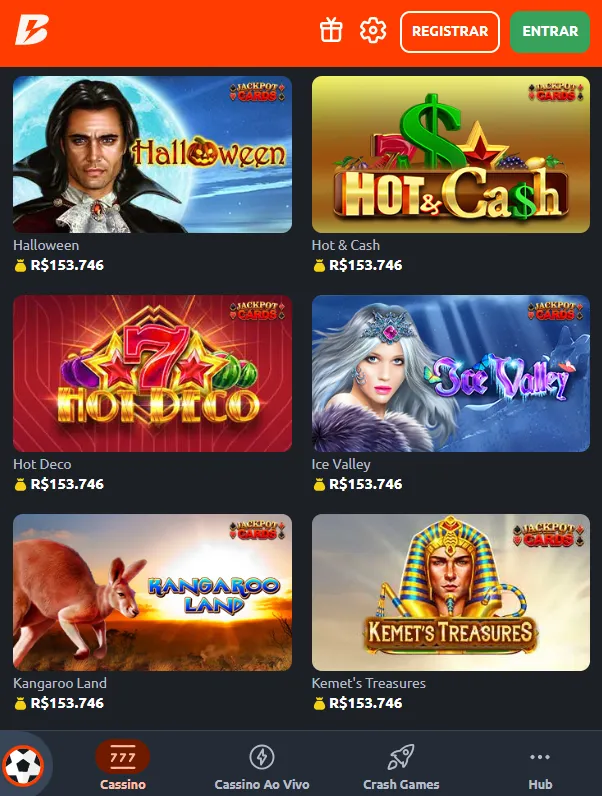 jogo de halloween: tela do aplicativo da Betano, com opções de jogos de cassino, com um fundo branco e uma barra laranja na parte superior da imagem