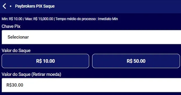 Página de Saque da Esportes da Sorte, aba com valores e Pix em tons de azul e com branco