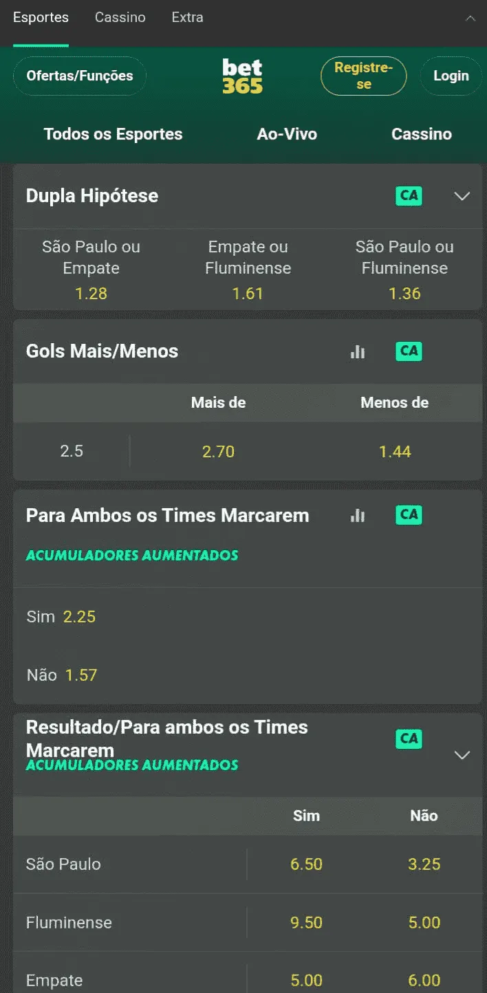 Dupla Hipótese bet365; fundo cinza, com detalhes amarelos e verdes, da versão de celular da casa de apostas bet365 com mercados de futebol para dupla hipótese