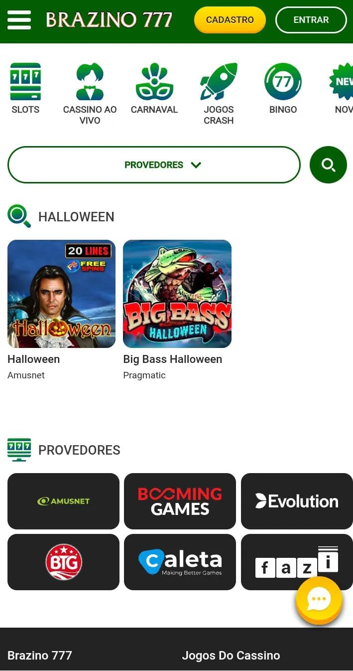 jogo de halloween: tela do aplicativo da Brazino, com opções de jogos de cassino, com um fundo branco e uma barra verde na parte superior da imagem