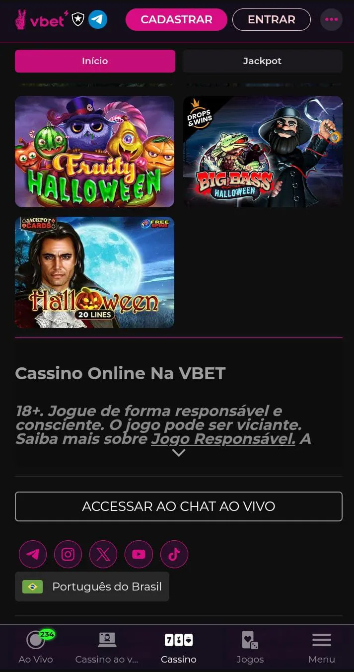  jogo de halloween: tela do aplicativo da VBet, com opções de jogos de cassino, com um fundo preto, detalhes rosas e uma barra escura na parte superior da imagem