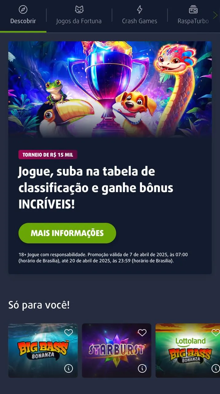 Lottoland App. Na imagem é do app com alguns jogos e uma imagem de animais coloridos, a página esta em tons escuro.