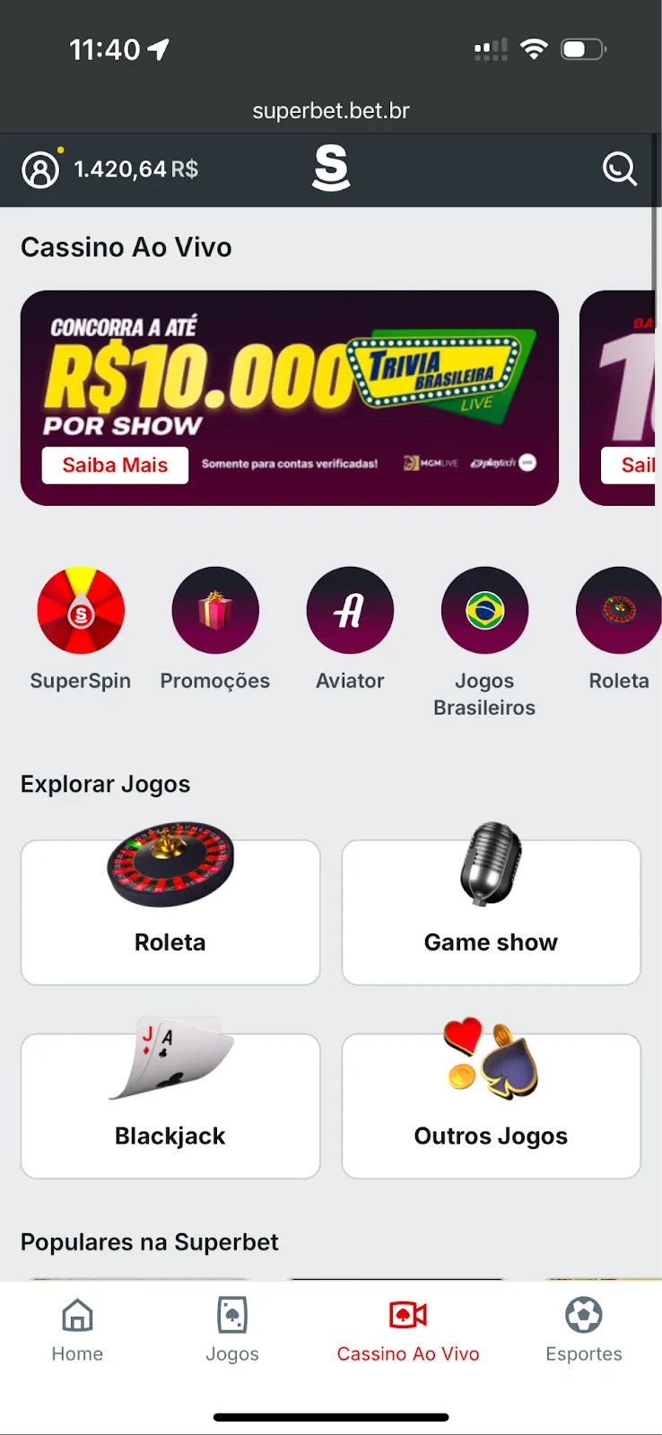 Jogos de Cassino Ao Vivo Superbet