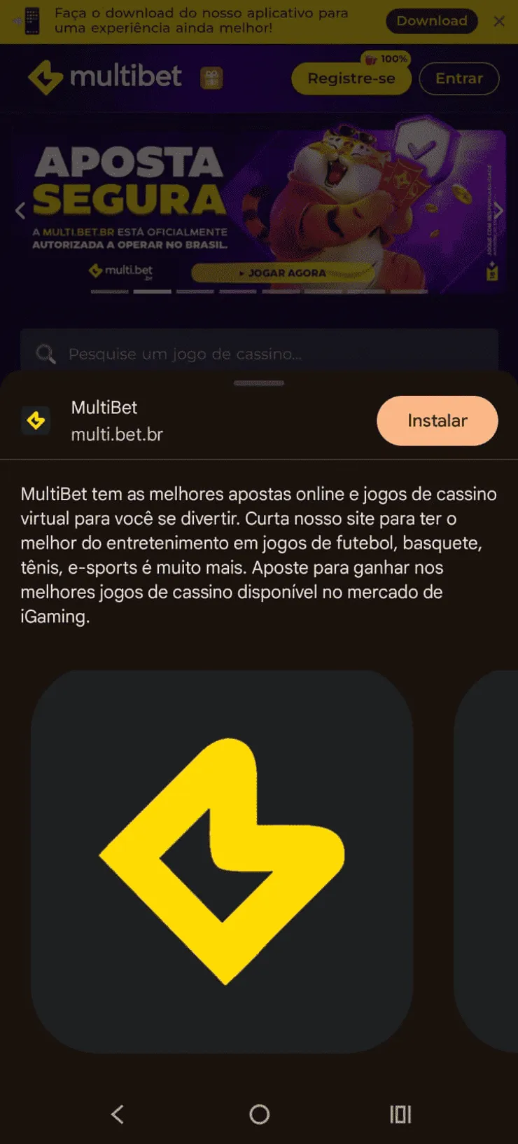 Multibet App: tela preta com detalhes em amarelo do site da Multibet