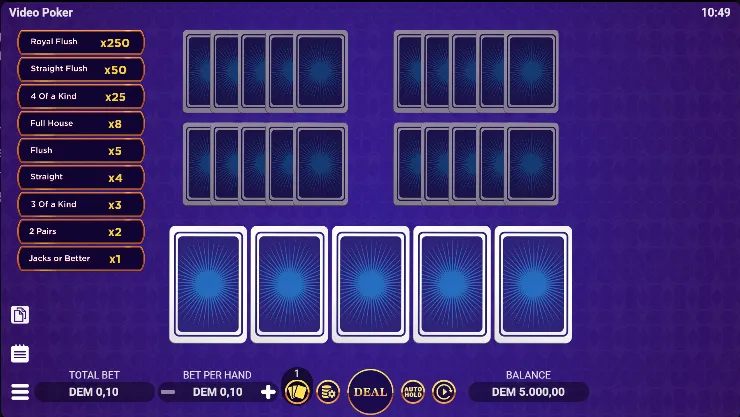 Jogos de Poker: tela do jogo de poker Video Poker Live, com fundo azul e opções para apostaar em poker