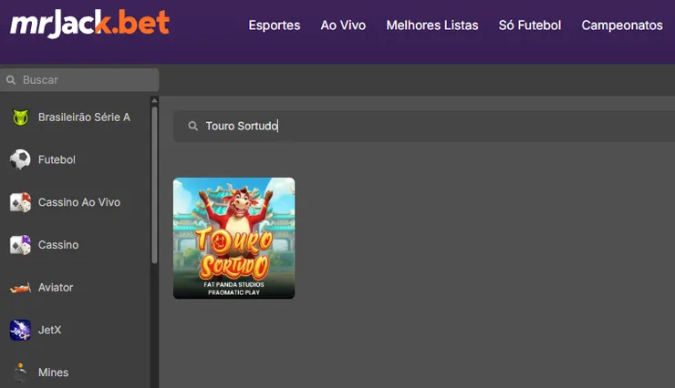 Página de slots do cassino MrJack Bet com destaque para o jogo Touro Sortudo em fundo cinza, caça-níquel popular em 2026.