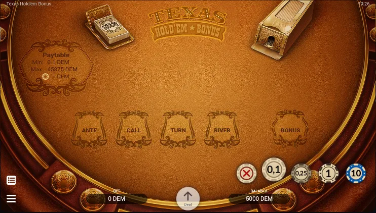 Jogos de poker: imagem de uma mesa do jogo Texas Hold’em Bonus Poker, com fundo marrom e opções para jogar poker
