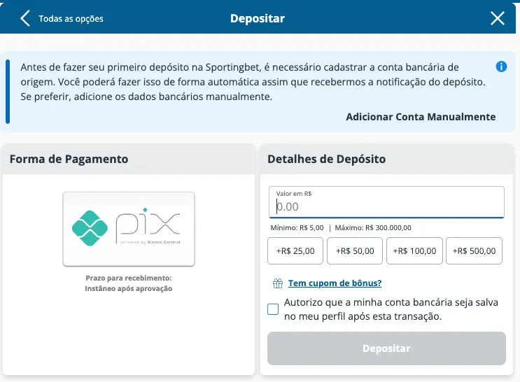 Realizar  depositos via Pix Sportingbet Apostas Esportivas