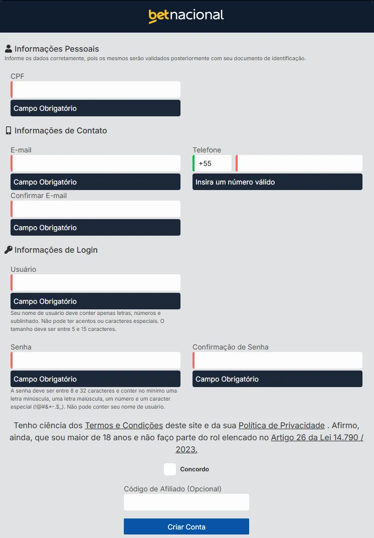 Imagem da página de cadastro da Betnacional