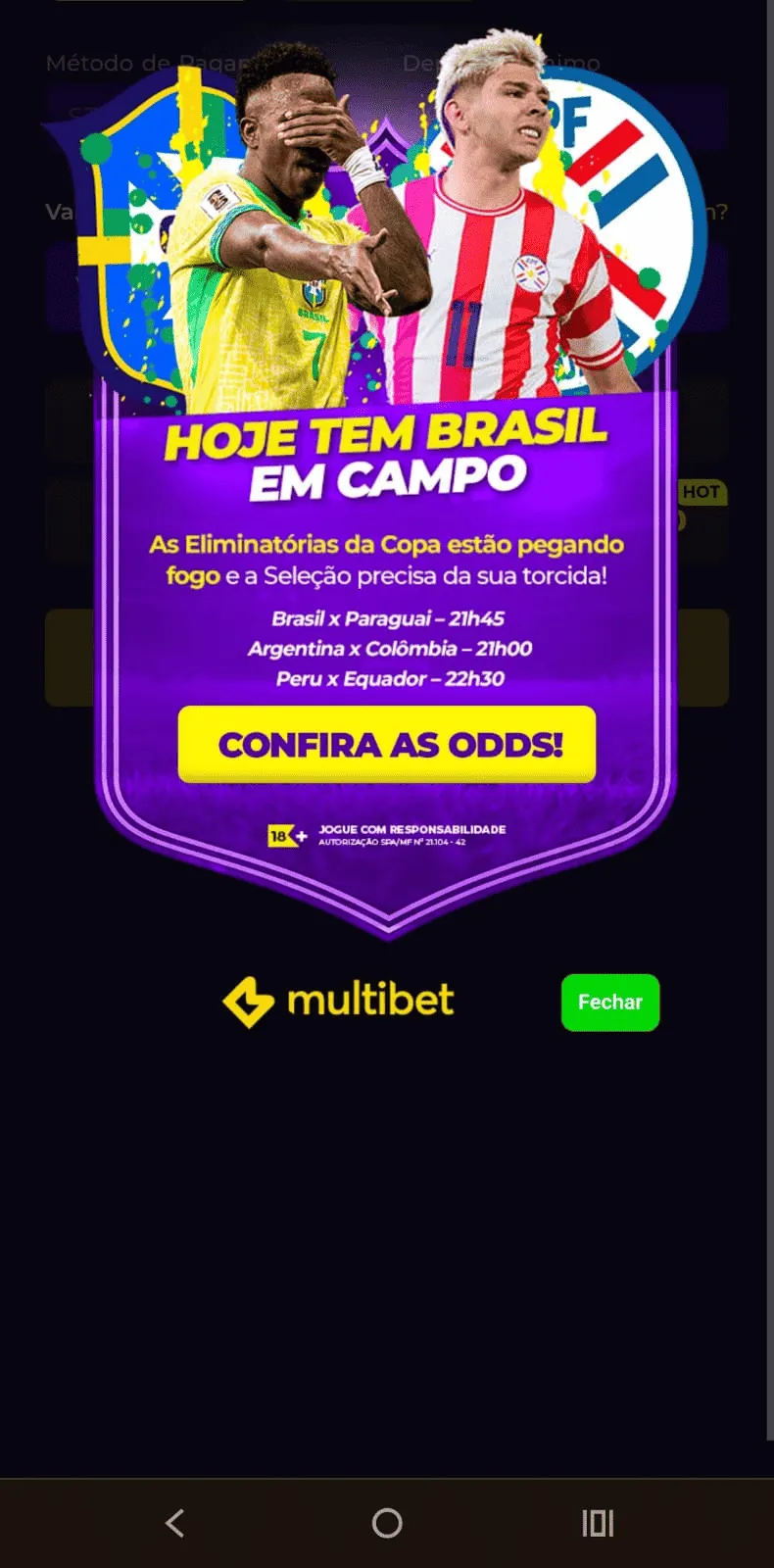 Multibet App: imagem de divulgação de super odds no celular, com a imagem de jogadores de futebol do Brasil e do Paraguai e um fundo escuro