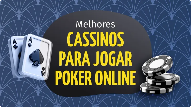 Jogos de Poker: cartas de baralho de cassino na esquerda, com outras fichas de cassino no canto direito, imagem com um fundo azul escuro e detalhes mais claros em padrão