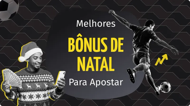 Bonus de Natal: homem com um gorro de Natal, um celular na mão e notas de dinheiro ao lado esquedo, um homem chutando uma bola de futebol no lado direito, com um fundo cinza escuro