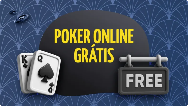 Poker Online Grátis: cartas de baralho de cassino na esquerda, duas fichas de cassino acima e uma placa preta escrita "free" no canto direito
