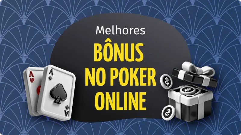 Bonus Poker: cartas de baralho de cassino na esquerda, um caixa de presente com moedas de um cifrão no canto direto, com um fundo azul escuro