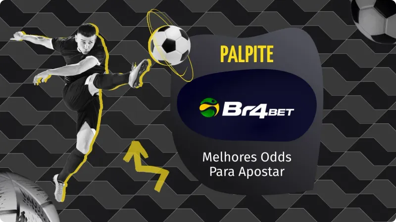 Palpite Br4bet: imagem com um home chutando uma bola, tudo esta em cores cinzas e amarelo, com o símbolo da Br4bet no meio da imagem.