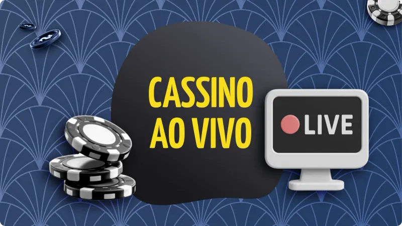 Cassino ao Vivo: Imagem com fundo azul, fichas de jogos de cassino e uma tela de computador escrito LIVE. Ao fundo, um círculo preto com o texto cassino ao vivo escrito em amarelo.