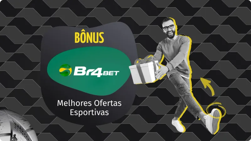 Bônus BR4Bet: homem sorrido e segurando uma casa de presente, com uma seta amarela para cima ao seu lado, uma bola de futebol ao lado esquerdo e um fundo preto e cinza