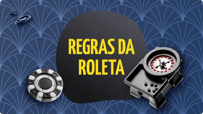 Regras da Roleta Online: fichas de cassino no canto esquerdo, com uma roleta de cassino no canto direito, um fundo azul e detalhes mais claros