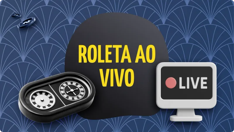 Roleta Ao Vivo: fichas de cassino e uma roleta no canto esquerdo da imagem, um monitor com a indicação de ao vivo no canto direito, com um fundo escuro e detalhes mais claros