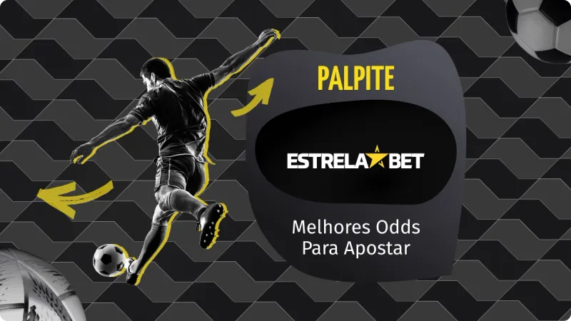 Palpite Estrelabet: jogador de futebol virado de costas, chutando uma bola de futebol, no canto esquerdo da imagem, com um fundo escuro e detalhes em cinza, com uma bola de futebol no canto superior direito