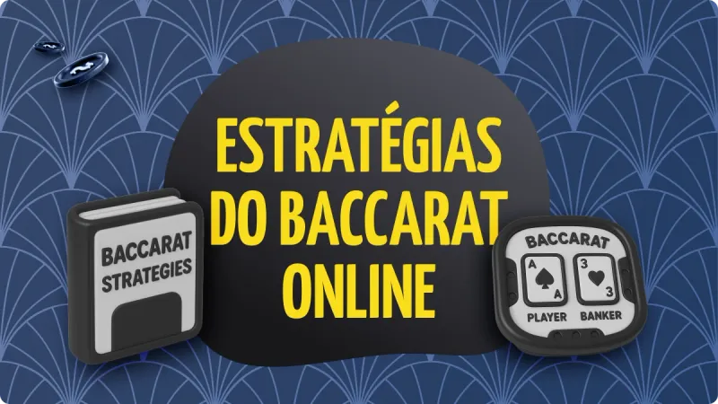 Estatégias do Baccarat Online: livro escrito "Baccarat Strategies", com detalhes preto e branco, com fichas de cassino acima no canto esquerdo da imagem, um tabuleiro de baccarat no canto direito, com um fundo azul escuro e detalhes mais claros