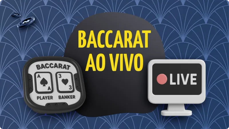 Baccarat Ao Vivo: mesa de jogos de baccarat online, com fichas de cassino acima, no canto esquerdo, uma tela de tv com o sinal de transmissão ao vivo no canto direito, com um fundo escuro em tons de azul