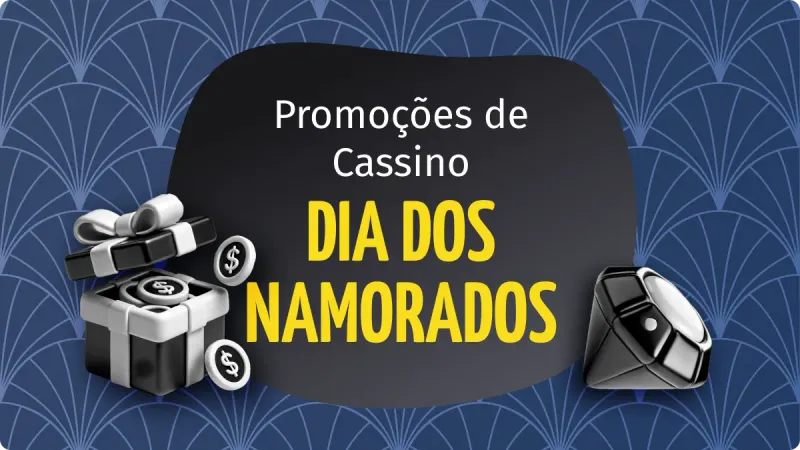 Promoção Dia dos Namorados: imagem com caixa de presente cheia de moedas pretas e brancas no lado esquerdo, com um diamante preto no lado direito, um fundo azul escuro com detalhes mais claros