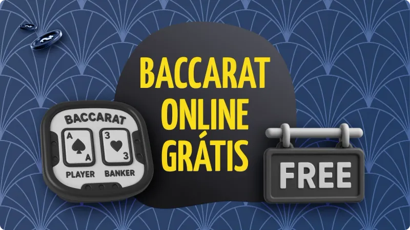 Baccarat Grátis Online: fichas de cassino no canto superior esquerdo, com um quadro de baccarat mais abaixo, com as palavras "player e banker", do lado direito uma placa preta com detalhes em branco e cinza, com fundo escuro azul e detalhes mais claros