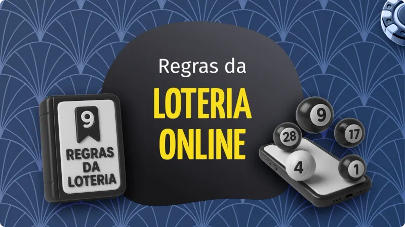 Regras da Loteria Online: livro com uma capa sobre regras da loteria na esquerda, no canto direito um celular com algumas bolas com números pretos e brancos, com fichas de cassino acima, um fundo escuro e detalhes mais claros