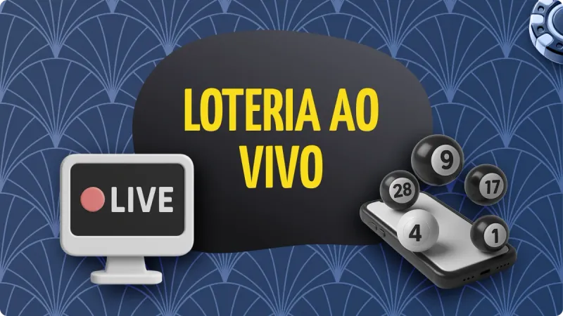 Loteria Ao Vivo: tela de tv com o sinal de transmissão ao vivo no canto esquerdo, com um celular com bolas pretas e brancas e alguns números no canto direito, fichas de cassino logo acima e um fundo escuro com detalhes mais claros