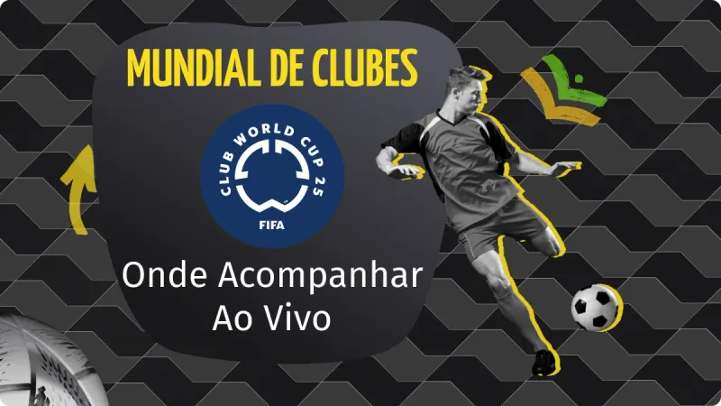 Mundial De Clubes 2025: homem chutando uma bola de futebol com o pé esquerdo, com setas amarelas e verdes ao seu lado, no canto direito da imagem, com um fundo preto e detalhes em cinza, ao lado do logo do Mundial de Clubes FIFA