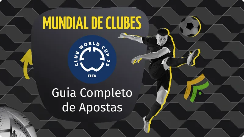 Como Apostar No Mundial De Clubes 2025: homem chutando uma bola de futebol no canto direito da imagem, com setas amarelas e verdes, com um fundo escuro preto e cinza, com o logo do mundial de clubes da FIFA 2025