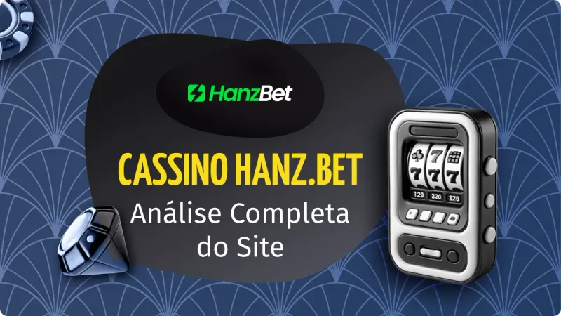 Hanz.bet Cassino: diamente preto no lado esquerdo, com uma máquina de caça-níqueis no canto direito, com um fundo azul escuro e detalhes mais claros