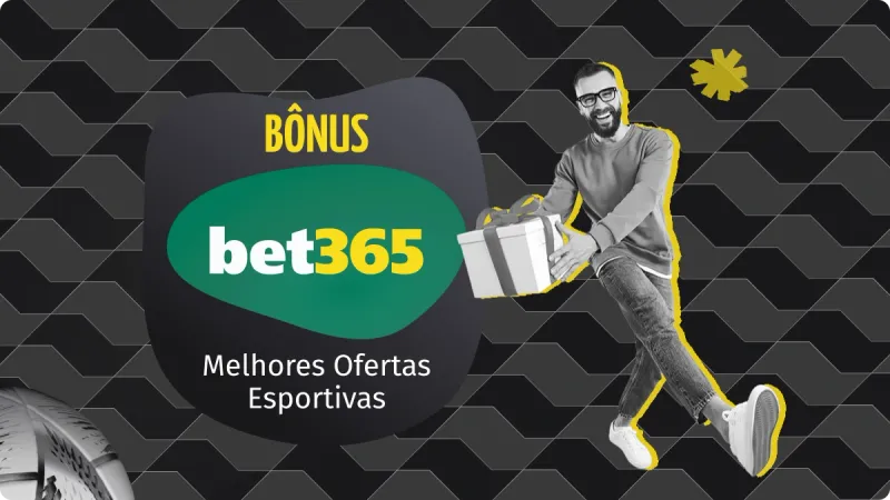Bônus bet365 2025: imagem de um homem com um presente na mão e as cores na imagem são principalmente tons de cinza, sendo a logo da plataforma em verde e amarelo.