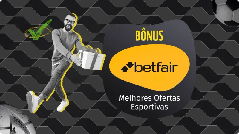 Bônus Betfair 2025: na imagem há um homem com um presente, sendo que o fundo é em tons de cinza e preto e o logo da Betfair está no meio em amarelo.