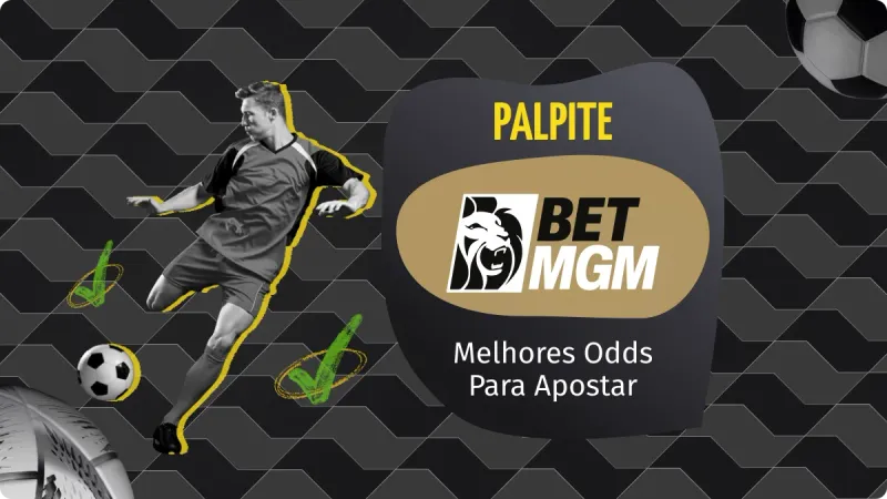 Palpite BetMGM: homem com bola de futebol no canto esquerdo, com uma seta verde, com fundo escuro e detalhes mais claros