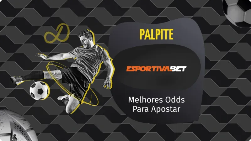 Palpite Esportiva Bet: homem com bola de futebol no pé direito, com detalhes em amarelo em sua volta, um fundo escuro com detalhes em reto e uma bola de futebol logo abaixo
