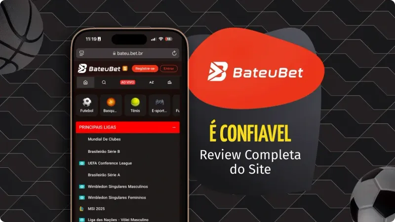 BateuBet Apostas Online: tela de celular com o site oficial da BateuBet e seus mercados, com fundo preto, detalhes em cinza, bola de basquete e bola de futebol
